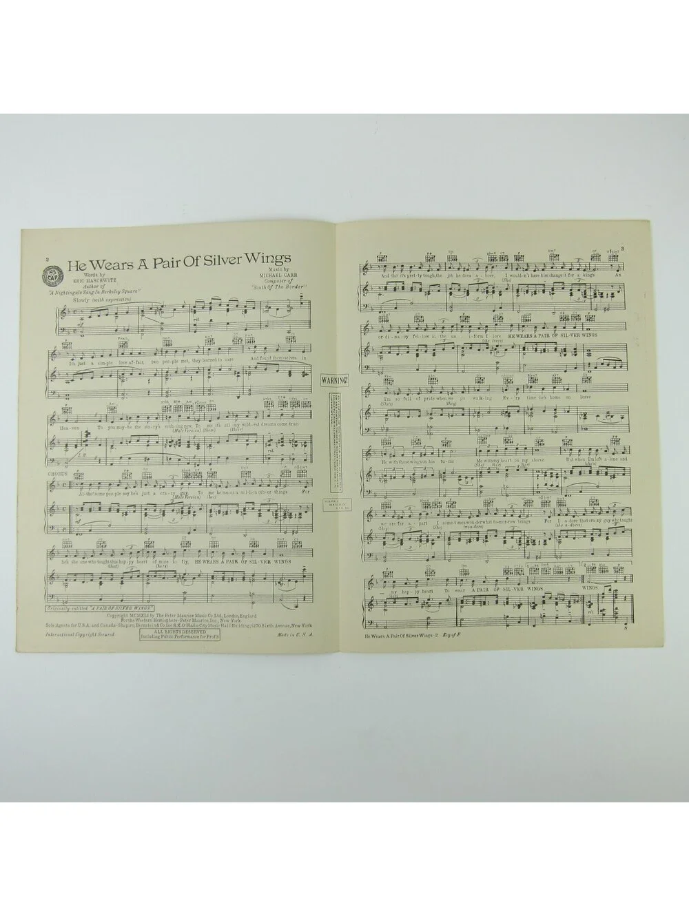 Sheet Music He Wears a Pair of Silver Wings Jerry Wald Michael Carr Vintage 1941